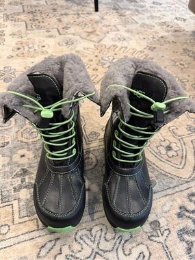 UGG Black Winter Boots with Neon Green Laces and Gray Shearling